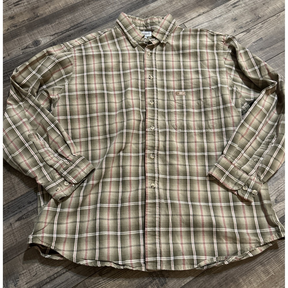 Carhartt Mens Plaid Heavyweight Pocket Button Down Shirt Sz L Tan Y2K VINTAGE